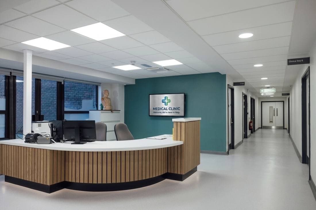 Reception and clinical corridor inside a medical clinic